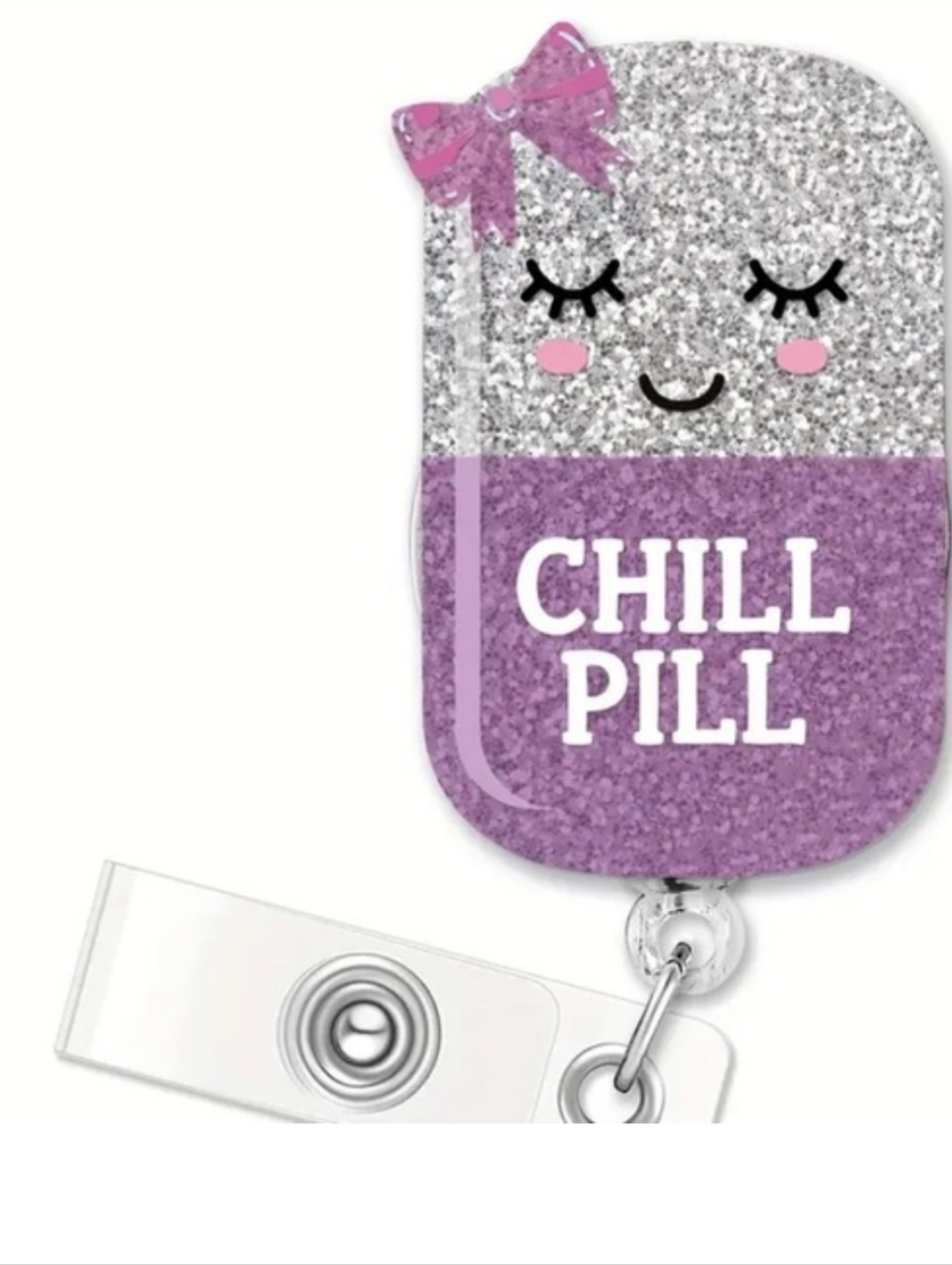 Silver & Purple Glitter 'Chill Pill' Badge Reel